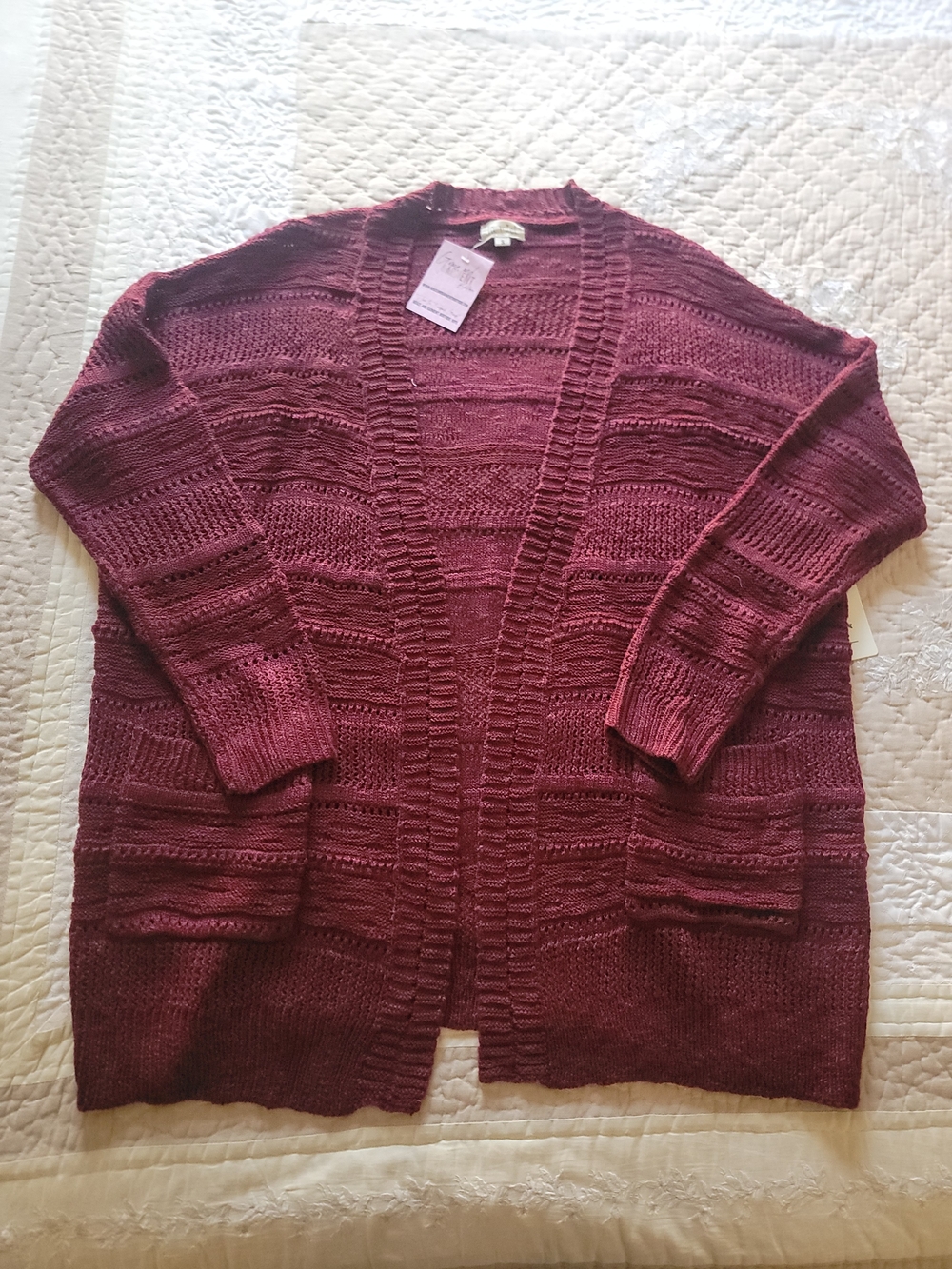 LA MIEL Open-Front Burgundy Knit Cardigan